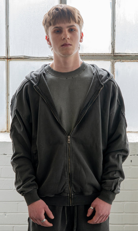 DARKFRASER Snow Washed Tape Raw Edge Zip Hoodie