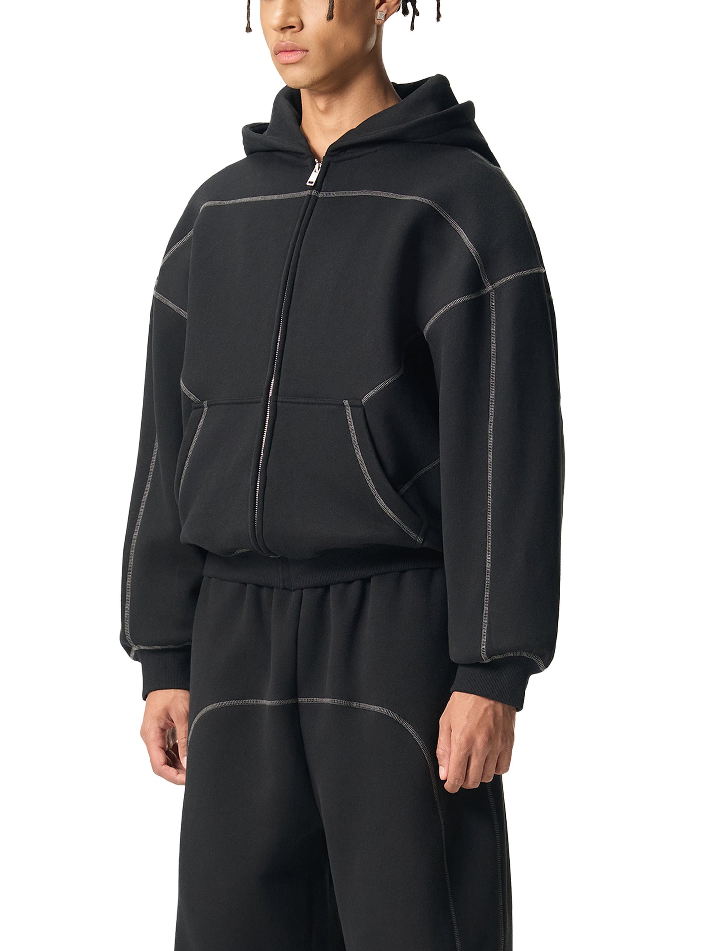 DARKFRASER Contrast-Stitched Boxy Fleece Zip Hoodie