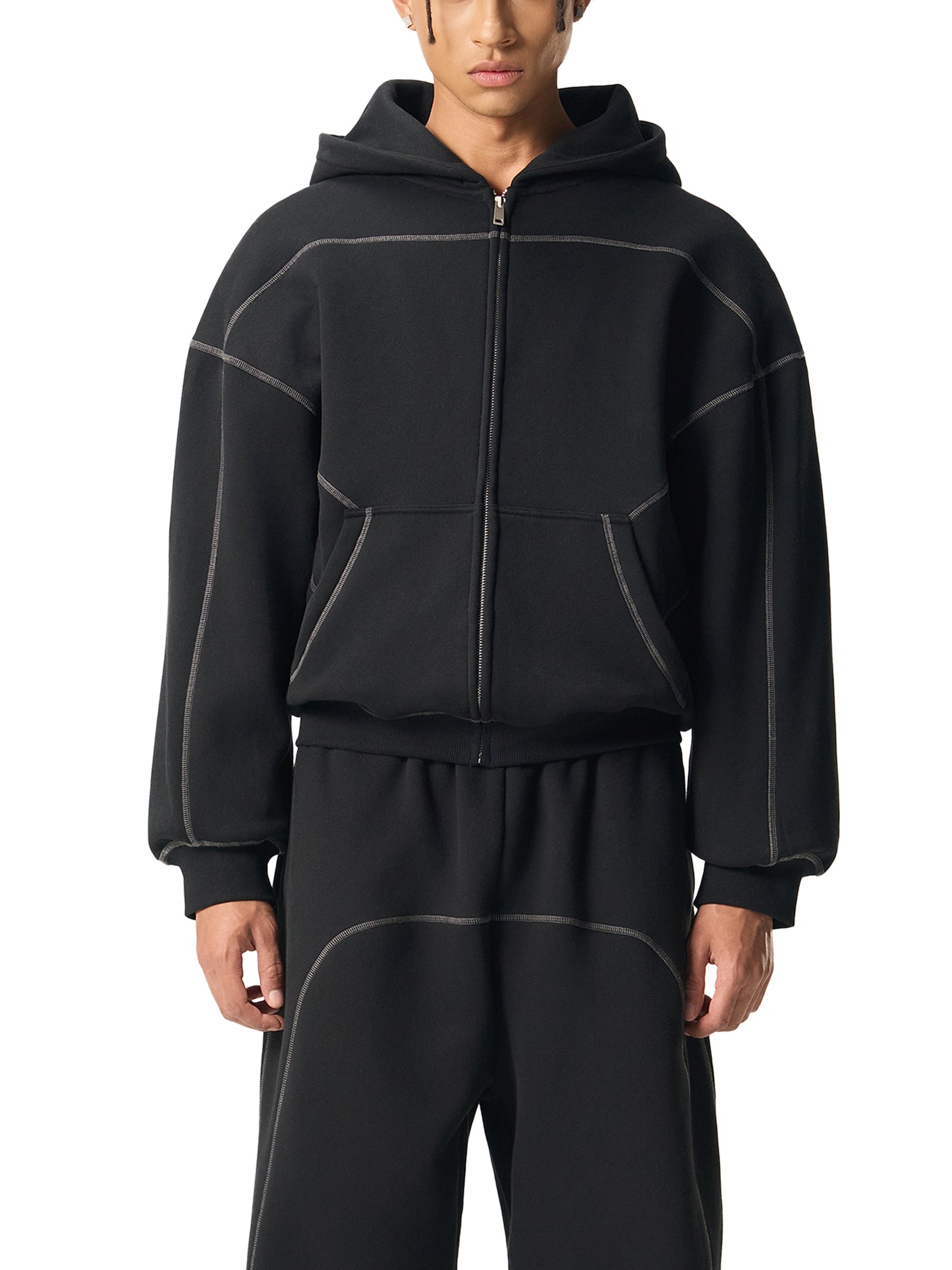 DARKFRASER Contrast-Stitched Boxy Fleece Zip Hoodie
