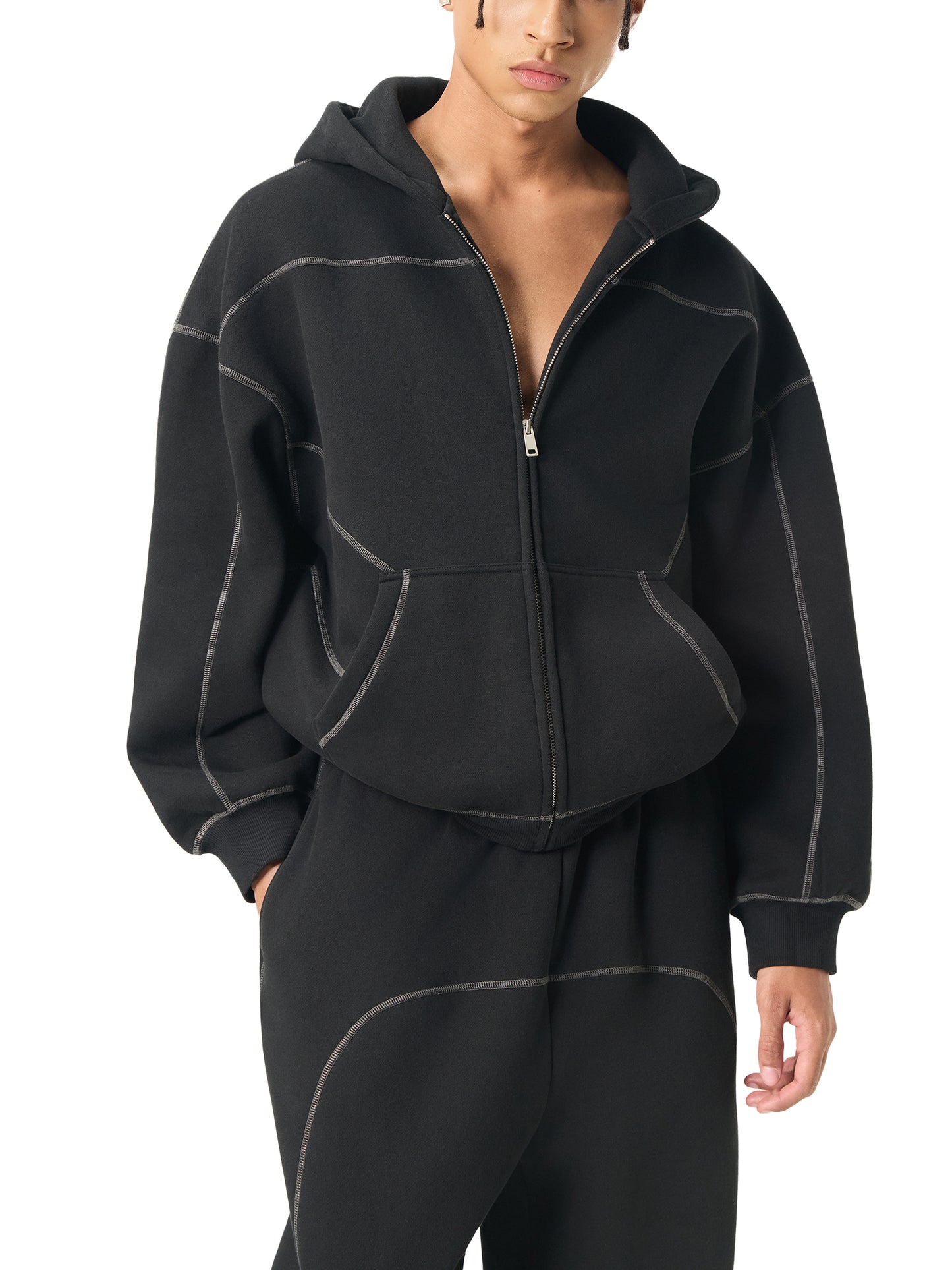 DARKFRASER Contrast-Stitched Boxy Fleece Zip Hoodie