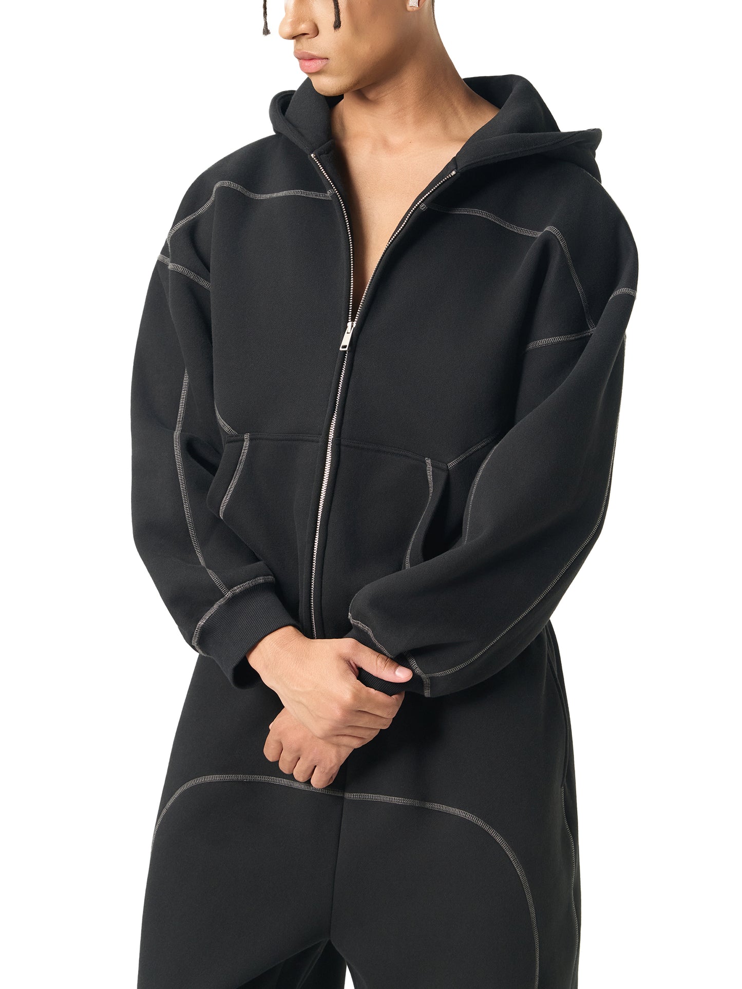DARKFRASER Contrast-Stitched Boxy Fleece Zip Hoodie